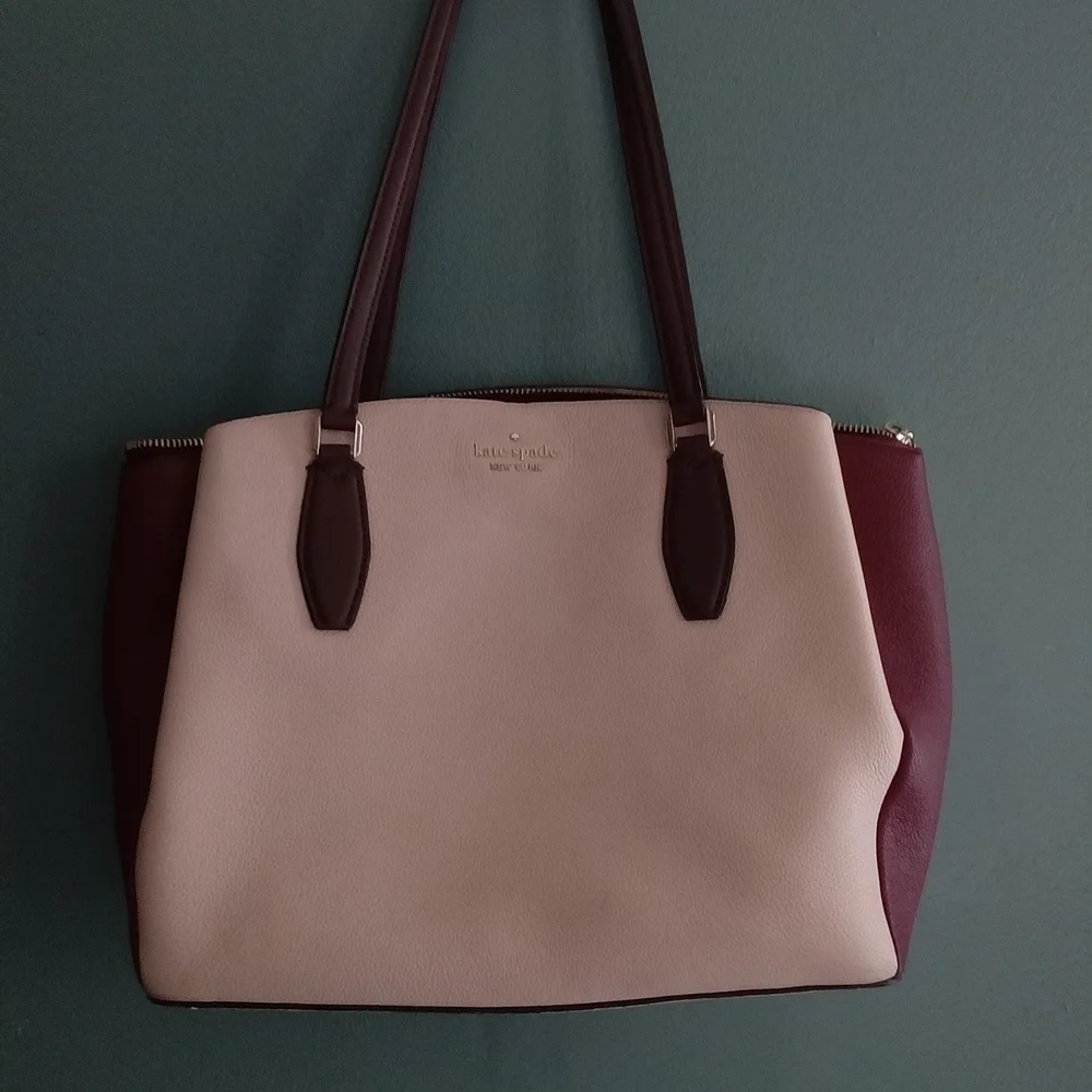 Kate Spade New‎ York Colorblock Leather Tote Bag Burgundy Cream